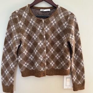 Zara Brown Argyle Cardigan Sweater